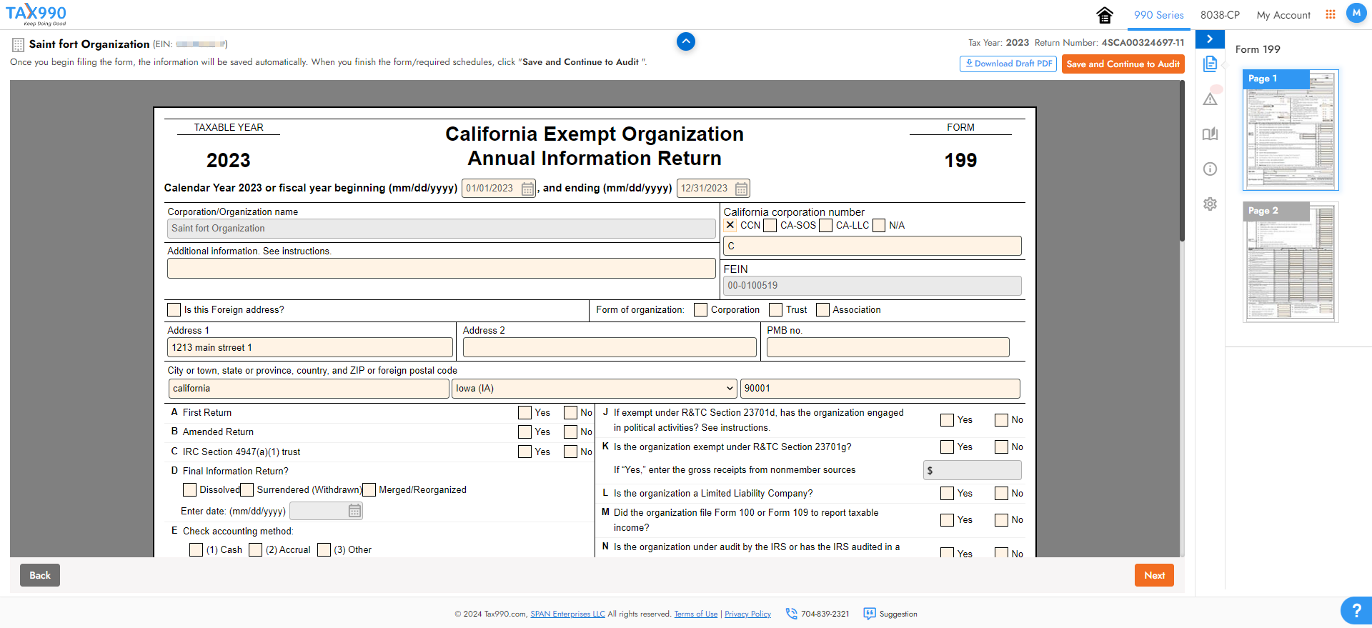 Enter CA Form 199 Data