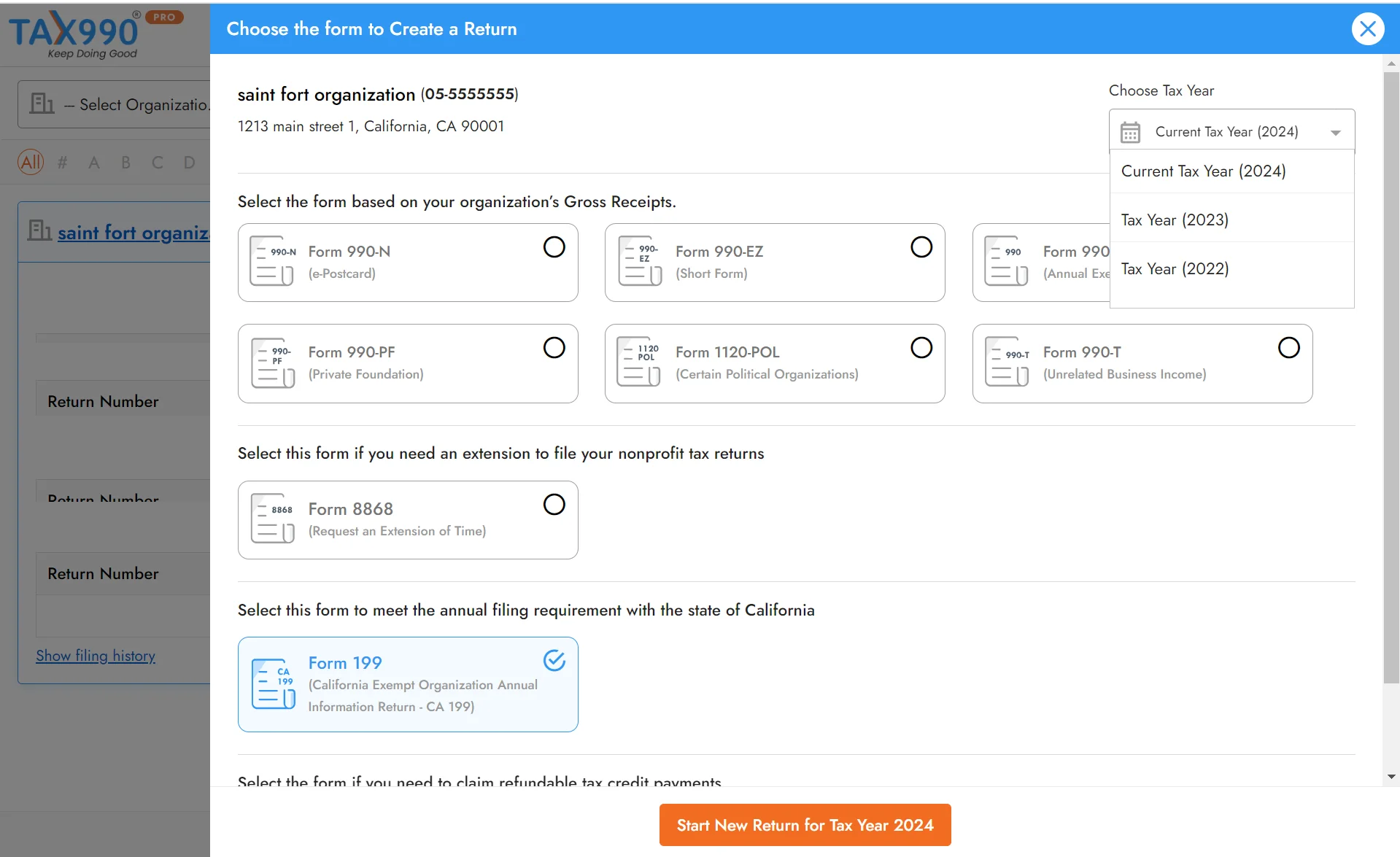Choose Form 199 Tax Year
