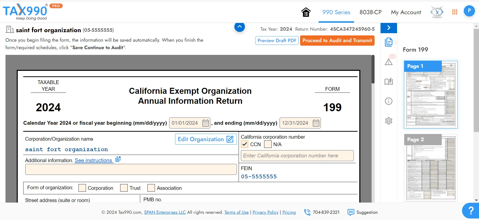 Enter CA Form 199 Data