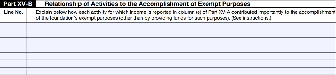 Part XV-B Relationship of Activities to the Accomplishment of Exempt Purposes