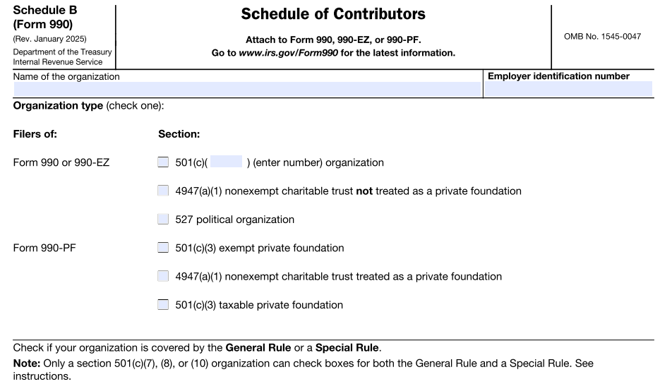 Form 990 schedule B - Schedule of Contributors rou